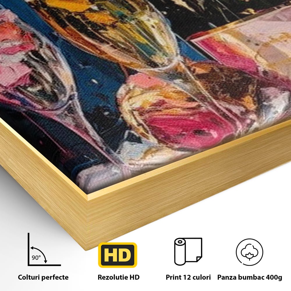 Detaliu al suprafetei: tablou canvas cu sticla de sampanie si pahare, in rama de aluminiu auriu